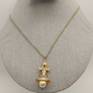 Damascene Faux Pearl Bell Pendant Necklace Vintage EVC